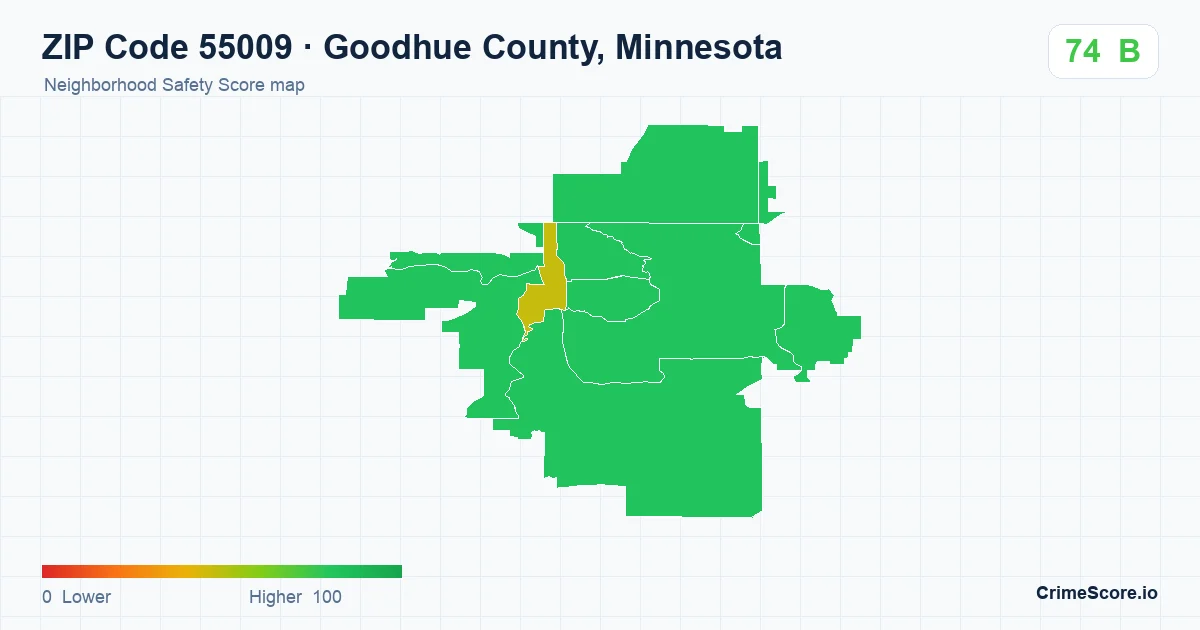 ZIP Code 55009 in Goodhue County, Minnesota neighborhood Safety Score map
