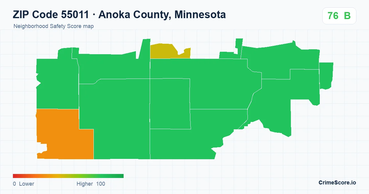 ZIP Code 55011 in Anoka County, Minnesota neighborhood Safety Score map