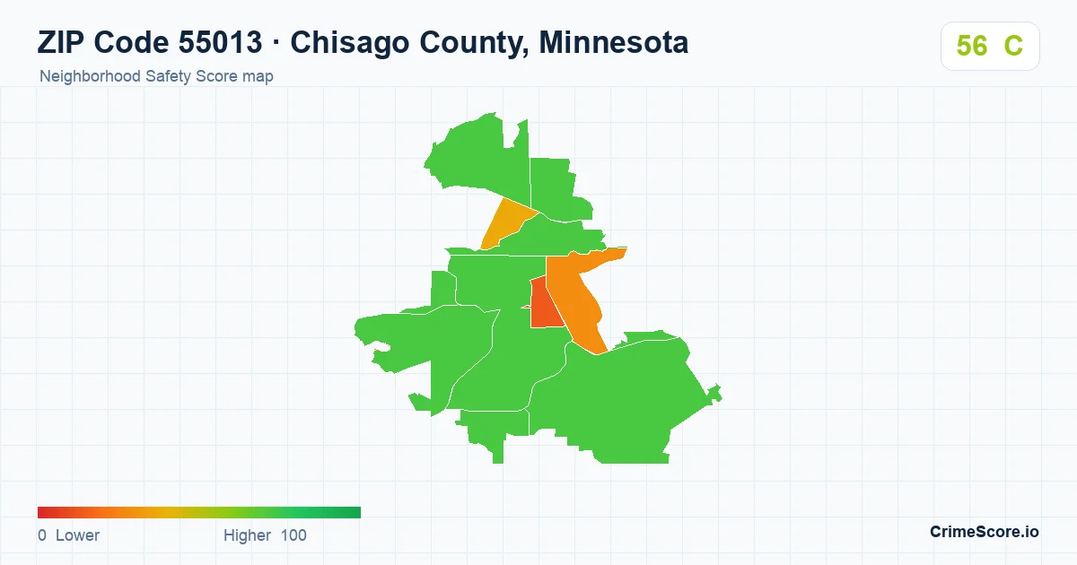 ZIP Code 55013 in Chisago County, Minnesota neighborhood Safety Score map