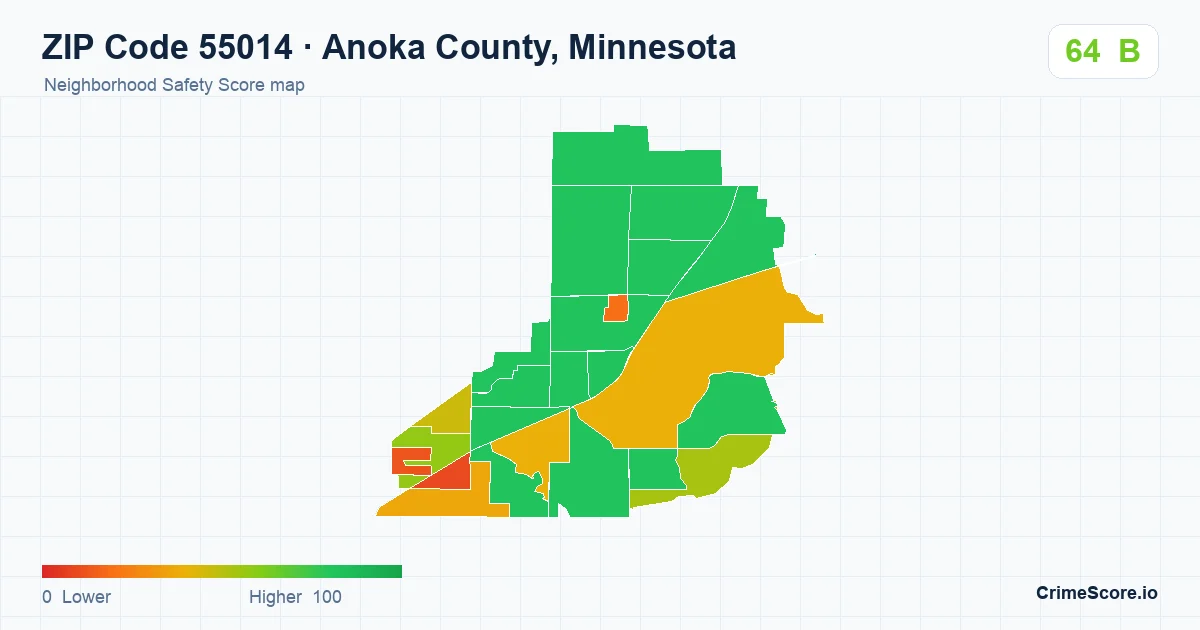 ZIP Code 55014 in Anoka County, Minnesota neighborhood Safety Score map