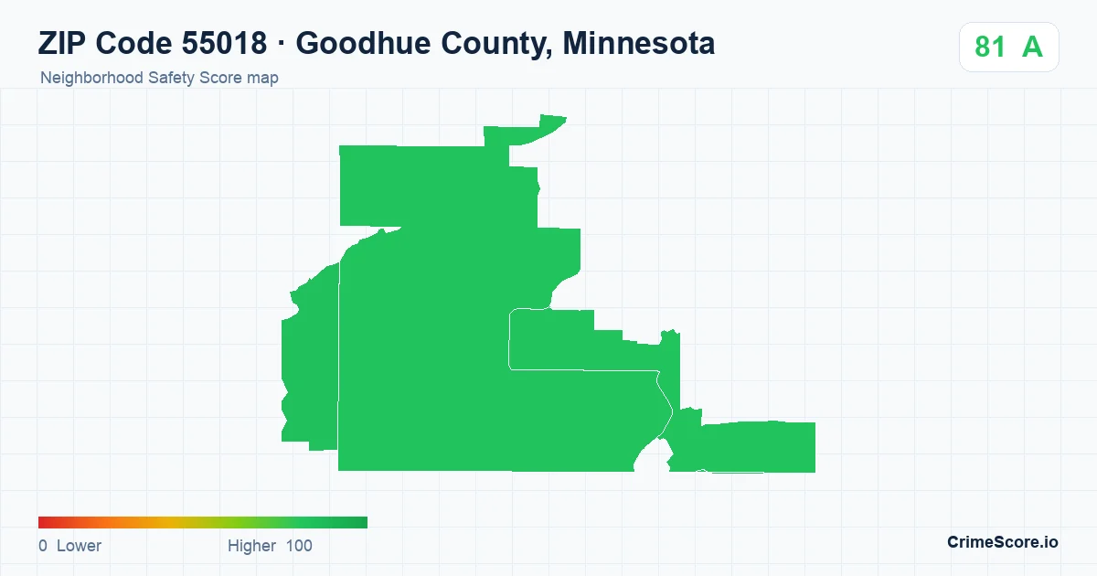 ZIP Code 55018 in Goodhue County, Minnesota neighborhood Safety Score map