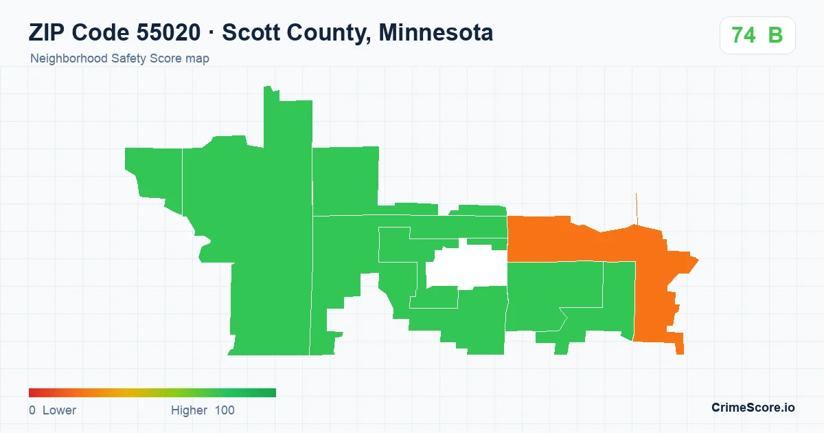 ZIP Code 55020 in Scott County, Minnesota neighborhood Safety Score map