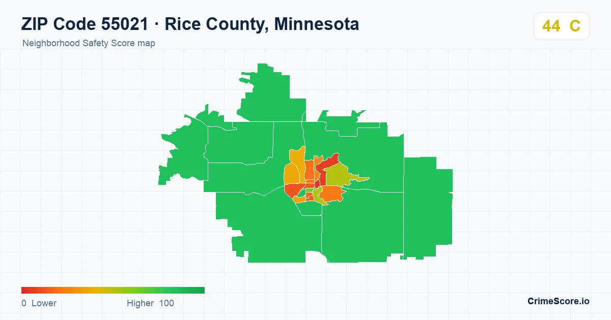 ZIP Code 55021 in Rice County, Minnesota neighborhood Safety Score map