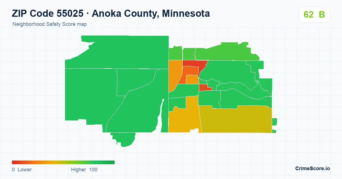 ZIP Code 55025 in Anoka County, Minnesota neighborhood Safety Score map
