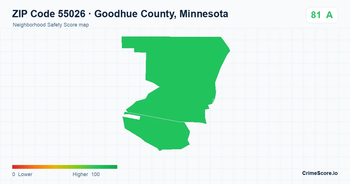 ZIP Code 55026 in Goodhue County, Minnesota neighborhood Safety Score map