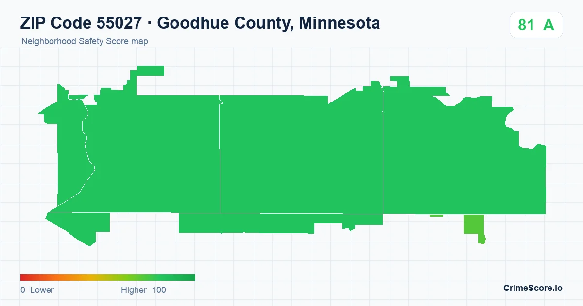 ZIP Code 55027 in Goodhue County, Minnesota neighborhood Safety Score map