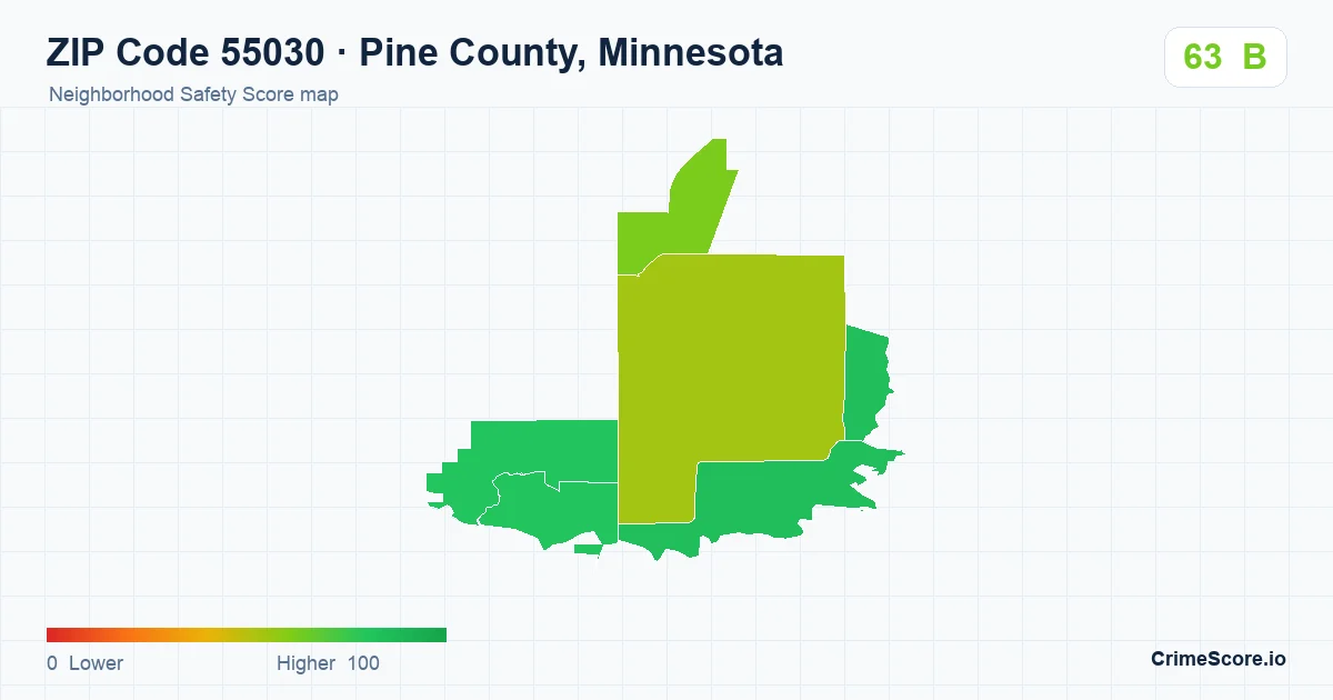 ZIP Code 55030 in Pine County, Minnesota neighborhood Safety Score map