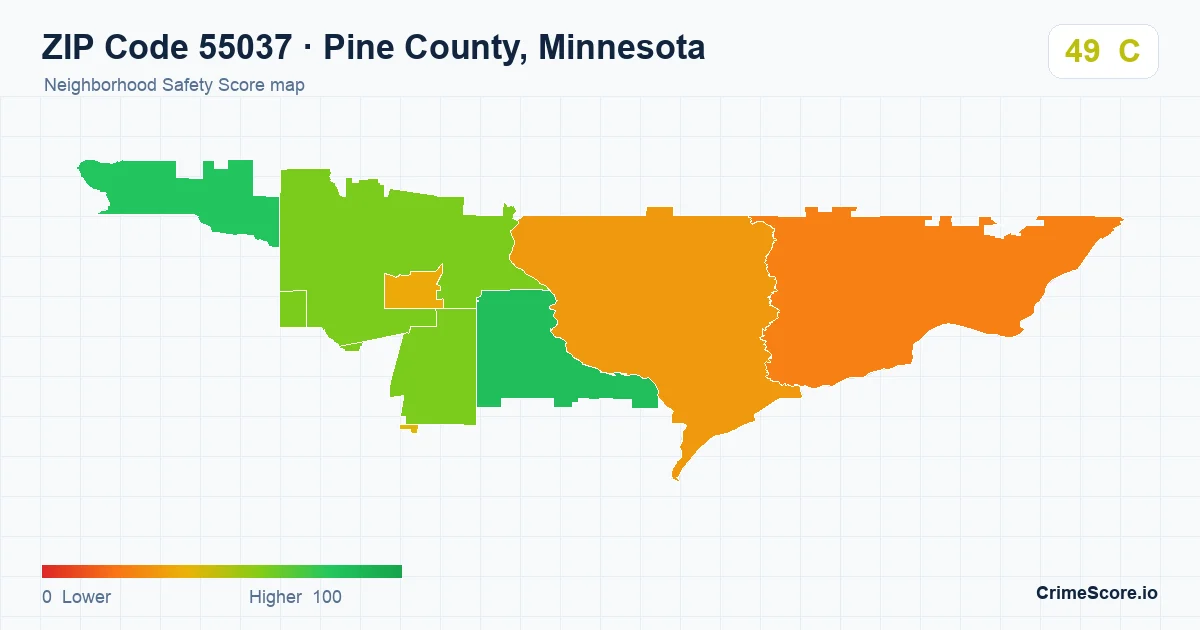 ZIP Code 55037 in Pine County, Minnesota neighborhood Safety Score map