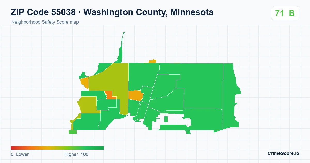 ZIP Code 55038 in Washington County, Minnesota neighborhood Safety Score map