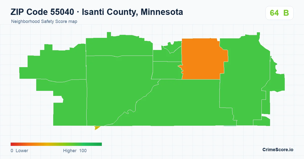 ZIP Code 55040 in Isanti County, Minnesota neighborhood Safety Score map