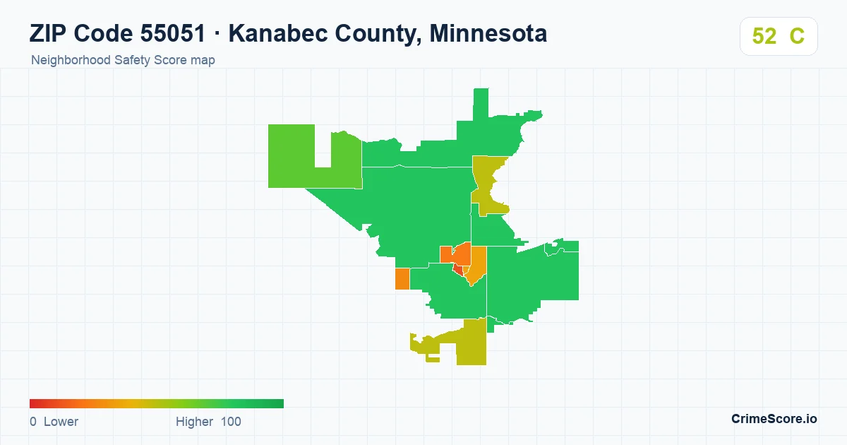 ZIP Code 55051 in Kanabec County, Minnesota neighborhood Safety Score map