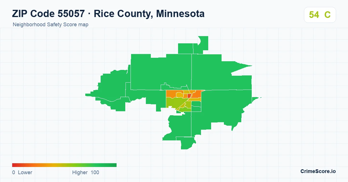ZIP Code 55057 in Rice County, Minnesota neighborhood Safety Score map