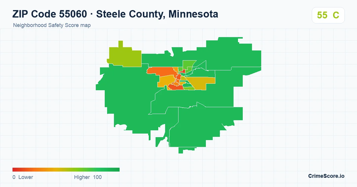 ZIP Code 55060 in Steele County, Minnesota neighborhood Safety Score map