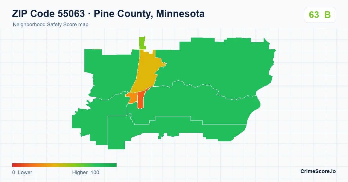 ZIP Code 55063 in Pine County, Minnesota neighborhood Safety Score map