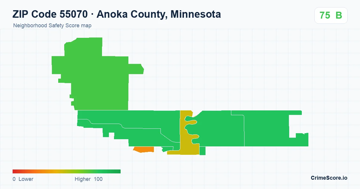 ZIP Code 55070 in Anoka County, Minnesota neighborhood Safety Score map