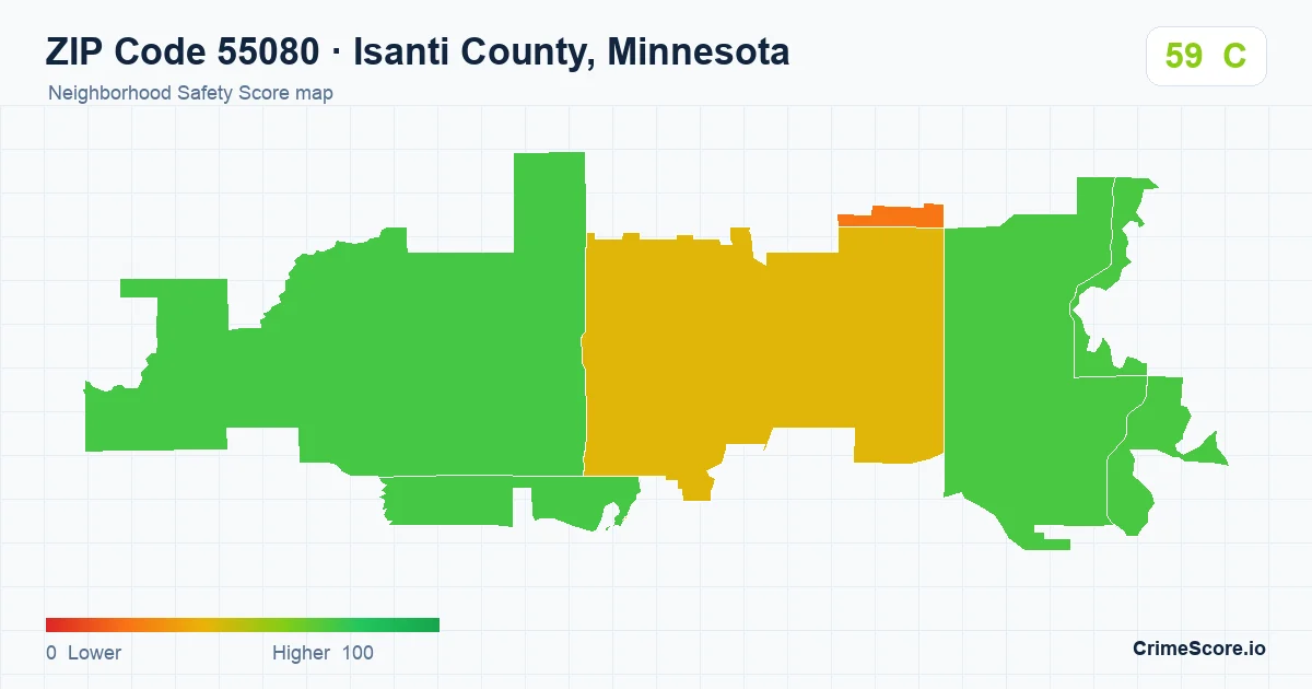 ZIP Code 55080 in Isanti County, Minnesota neighborhood Safety Score map