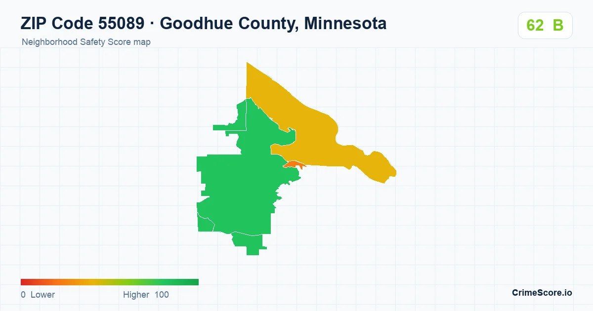ZIP Code 55089 in Goodhue County, Minnesota neighborhood Safety Score map