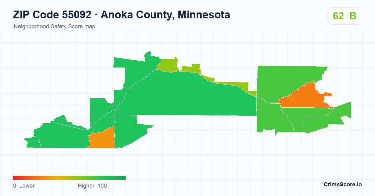 ZIP Code 55092 in Anoka County, Minnesota neighborhood Safety Score map