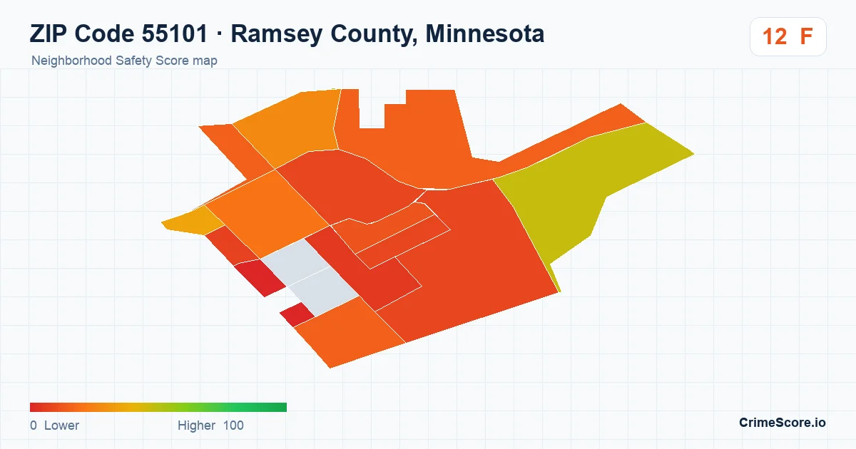 ZIP Code 55101 in Ramsey County, Minnesota neighborhood Safety Score map