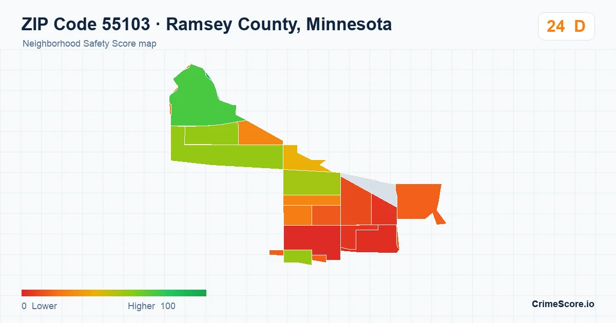 ZIP Code 55103 in Ramsey County, Minnesota neighborhood Safety Score map