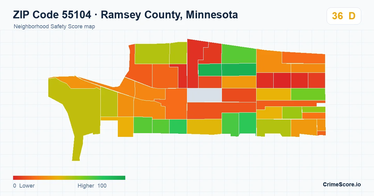 ZIP Code 55104 in Ramsey County, Minnesota neighborhood Safety Score map
