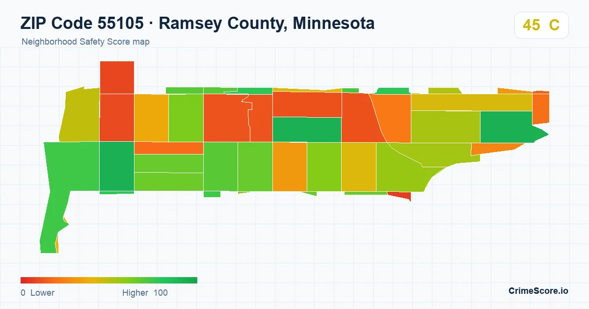 ZIP Code 55105 in Ramsey County, Minnesota neighborhood Safety Score map