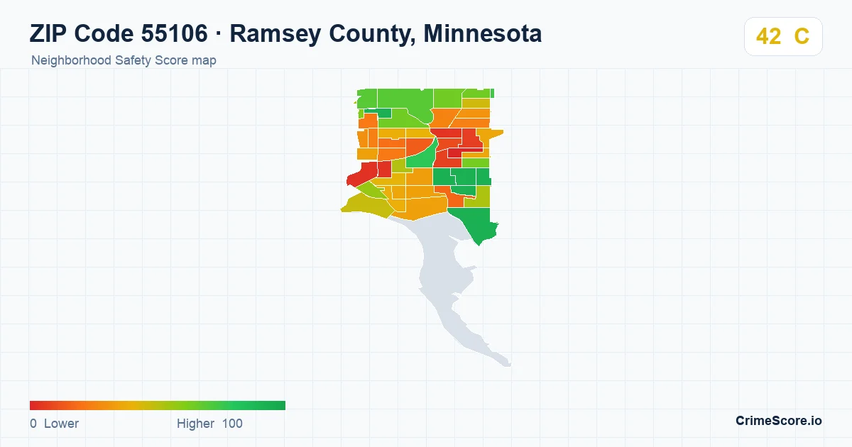 ZIP Code 55106 in Ramsey County, Minnesota neighborhood Safety Score map