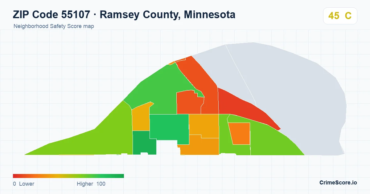 ZIP Code 55107 in Ramsey County, Minnesota neighborhood Safety Score map