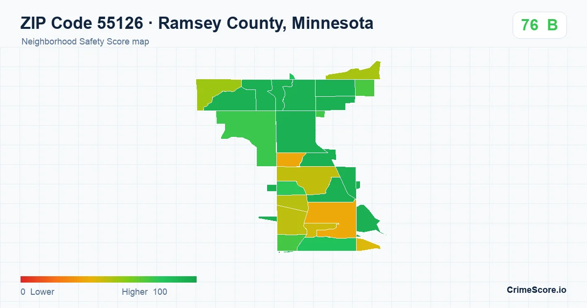 ZIP Code 55126 in Ramsey County, Minnesota neighborhood Safety Score map