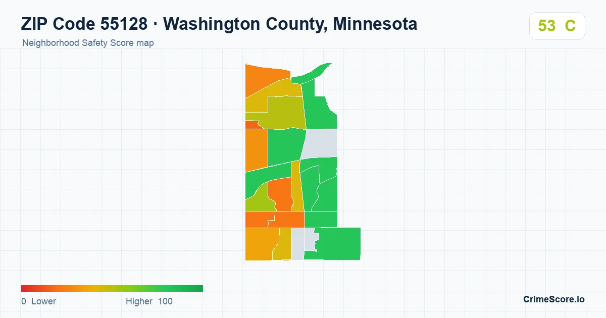 ZIP Code 55128 in Washington County, Minnesota neighborhood Safety Score map
