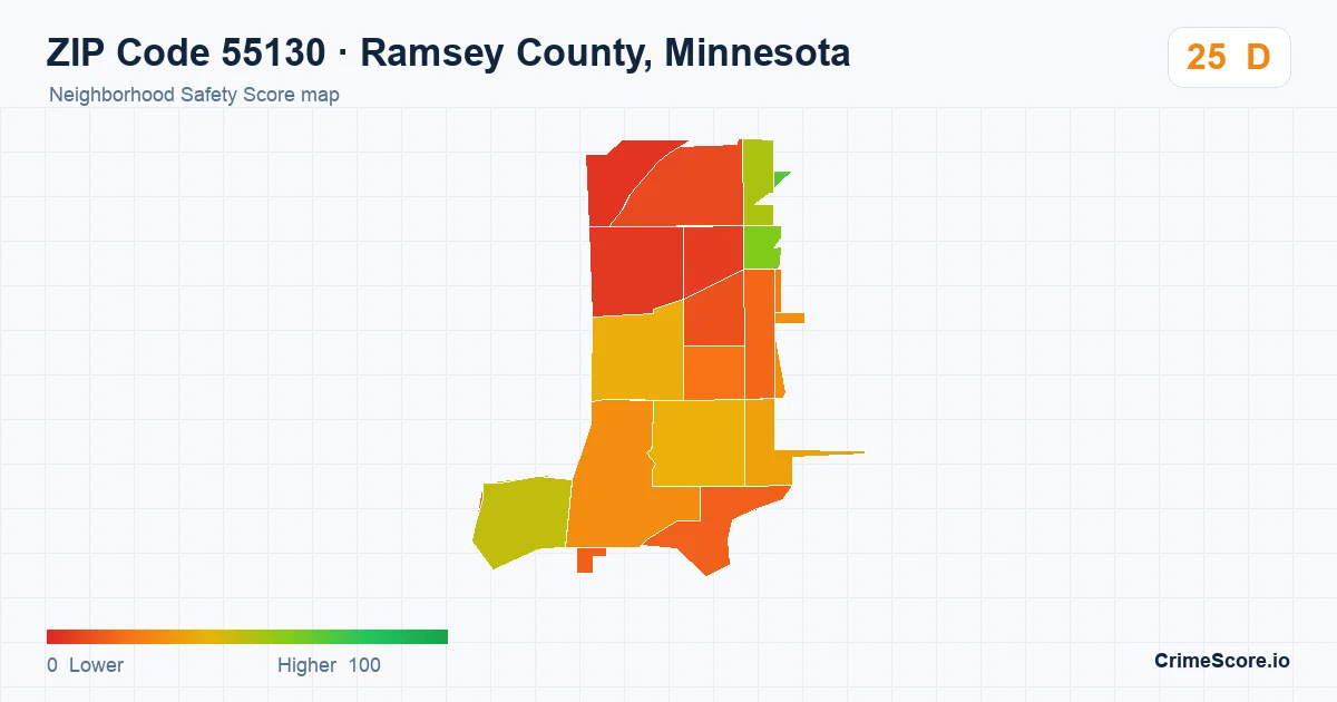 ZIP Code 55130 in Ramsey County, Minnesota neighborhood Safety Score map