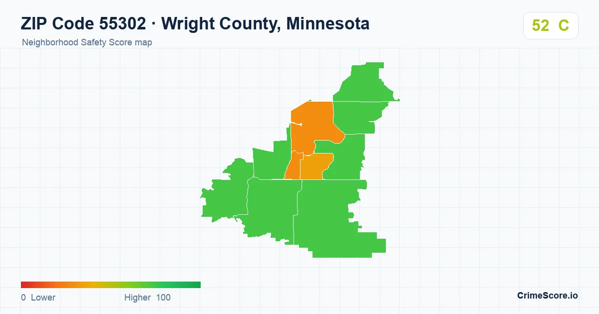 ZIP Code 55302 in Wright County, Minnesota neighborhood Safety Score map