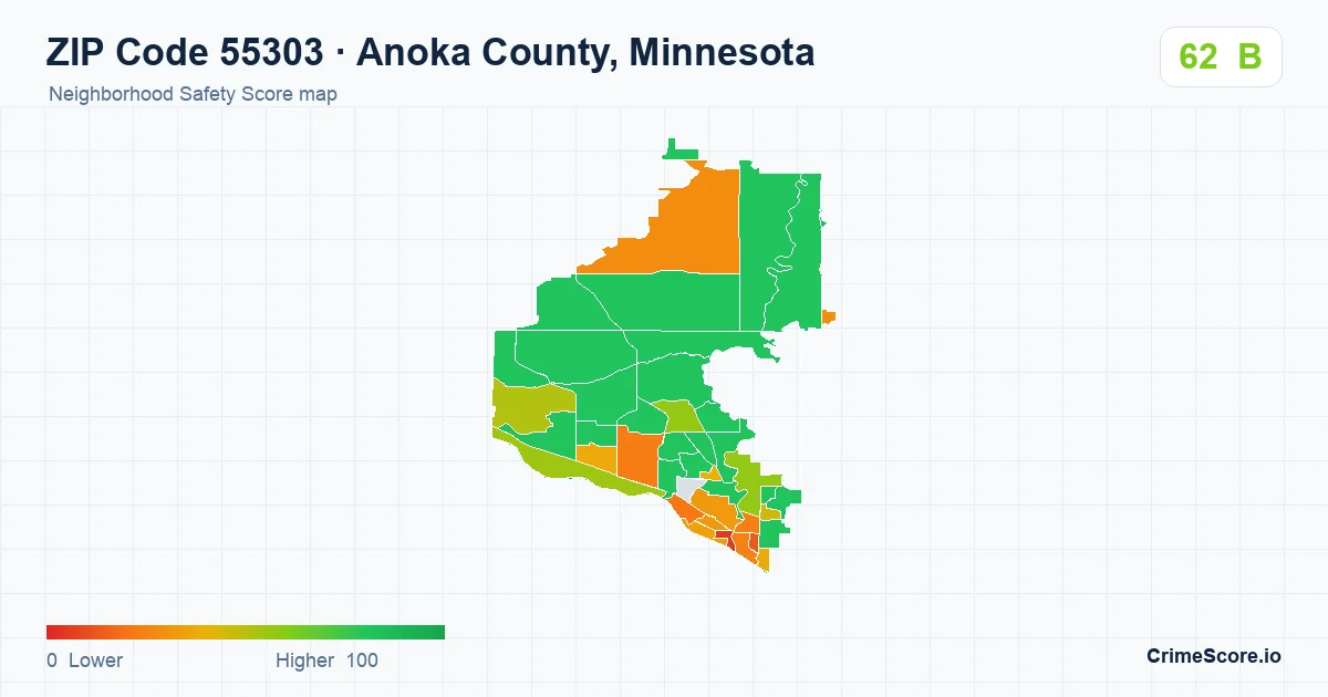 ZIP Code 55303 in Anoka County, Minnesota neighborhood Safety Score map