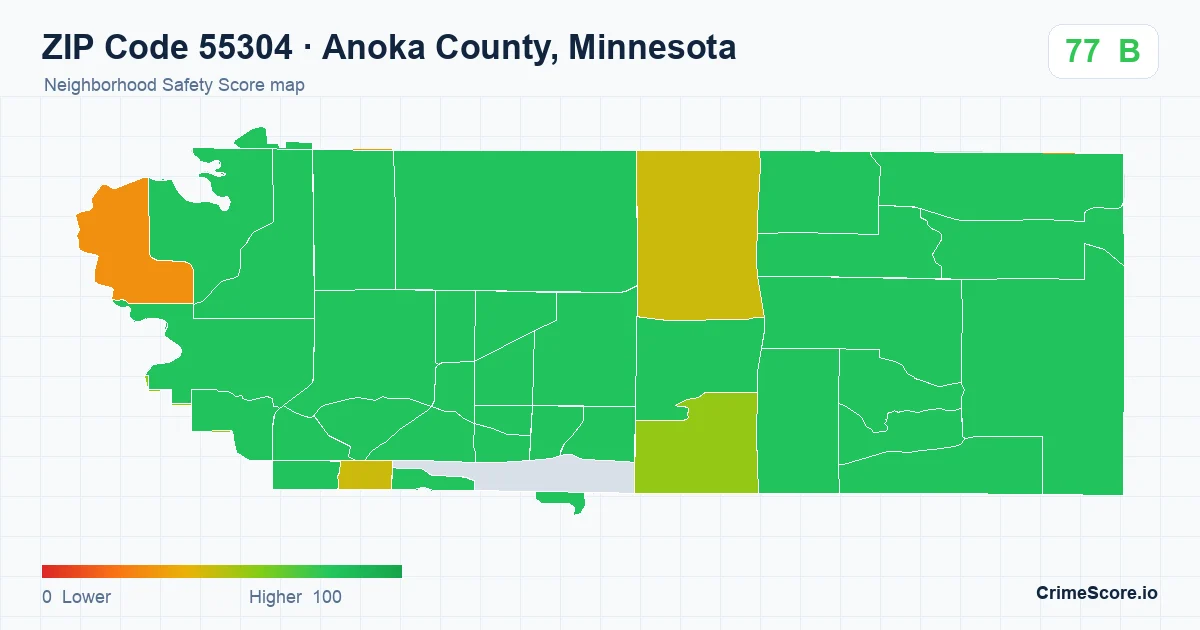 ZIP Code 55304 in Anoka County, Minnesota neighborhood Safety Score map