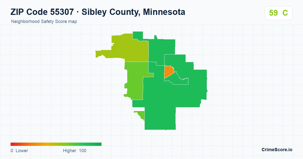 ZIP Code 55307 in Sibley County, Minnesota neighborhood Safety Score map