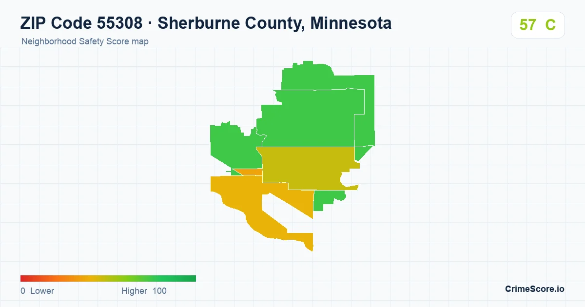 ZIP Code 55308 in Sherburne County, Minnesota neighborhood Safety Score map