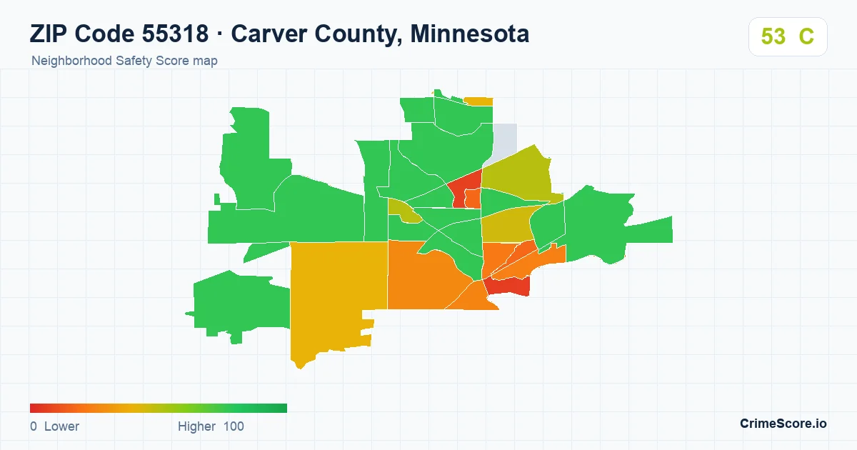 ZIP Code 55318 in Carver County, Minnesota neighborhood Safety Score map
