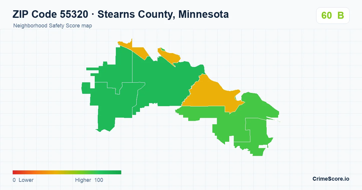 ZIP Code 55320 in Stearns County, Minnesota neighborhood Safety Score map