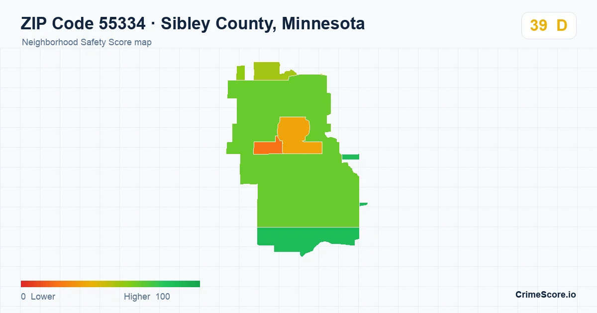 ZIP Code 55334 in Sibley County, Minnesota neighborhood Safety Score map
