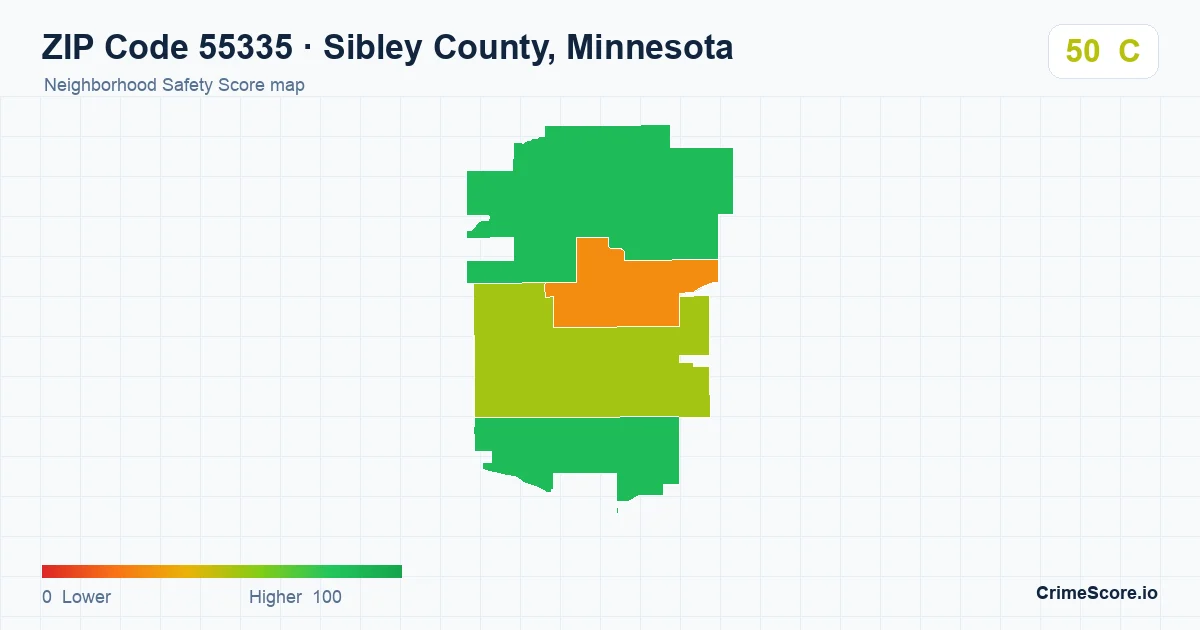 ZIP Code 55335 in Sibley County, Minnesota neighborhood Safety Score map