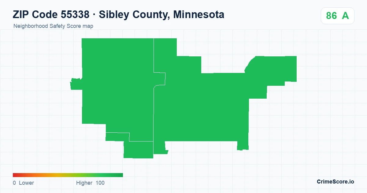 ZIP Code 55338 in Sibley County, Minnesota neighborhood Safety Score map