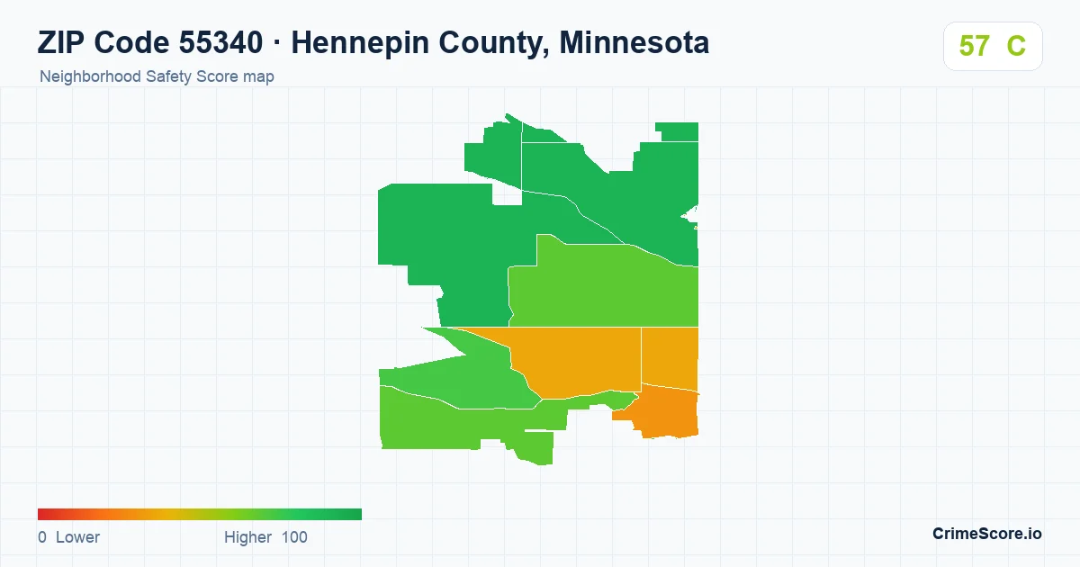 ZIP Code 55340 in Hennepin County, Minnesota neighborhood Safety Score map