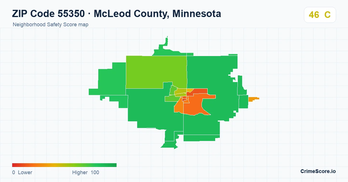 ZIP Code 55350 in McLeod County, Minnesota neighborhood Safety Score map