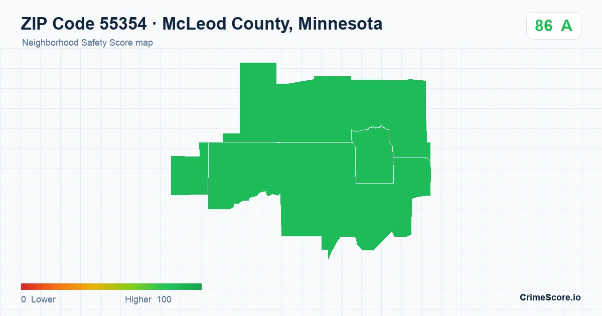 ZIP Code 55354 in McLeod County, Minnesota neighborhood Safety Score map