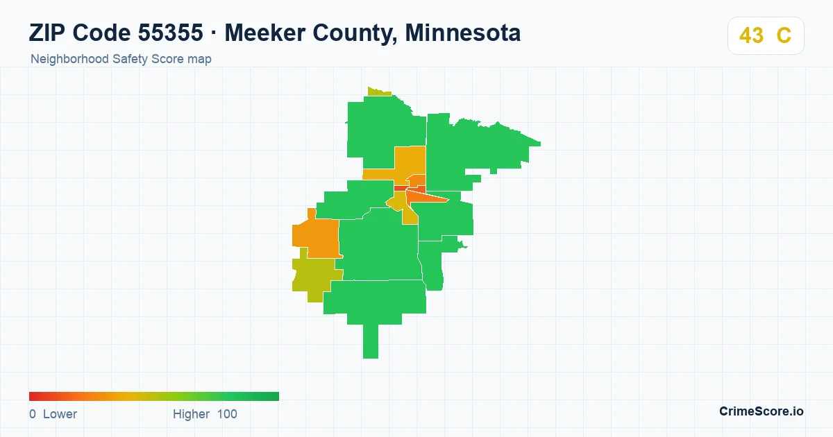 ZIP Code 55355 in Meeker County, Minnesota neighborhood Safety Score map