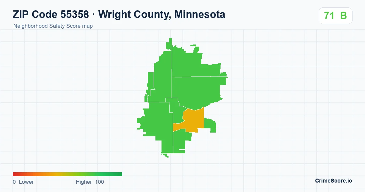 ZIP Code 55358 in Wright County, Minnesota neighborhood Safety Score map