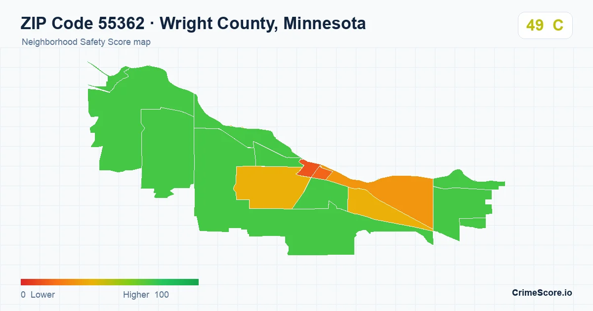 ZIP Code 55362 in Wright County, Minnesota neighborhood Safety Score map