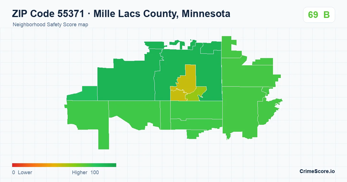 ZIP Code 55371 in Mille Lacs County, Minnesota neighborhood Safety Score map