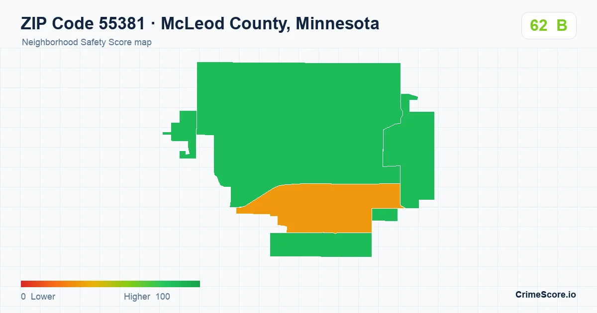 ZIP Code 55381 in McLeod County, Minnesota neighborhood Safety Score map