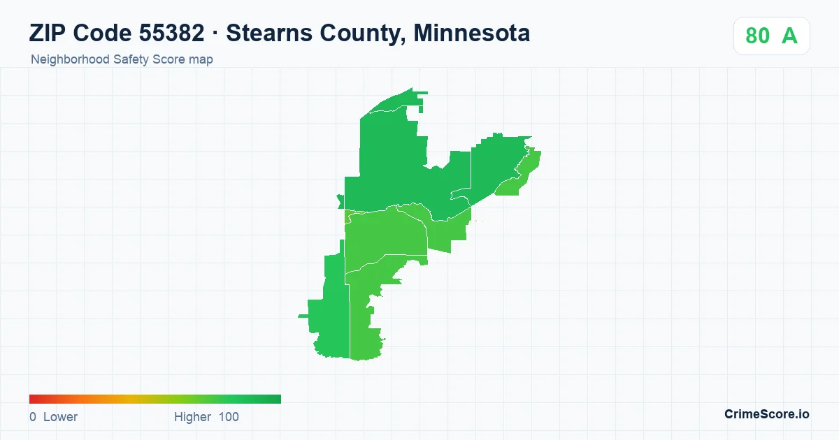 ZIP Code 55382 in Stearns County, Minnesota neighborhood Safety Score map